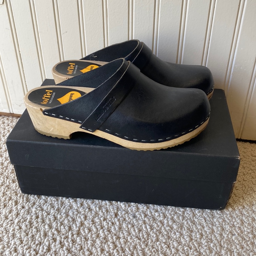 Swedish Hasbeens Toffel Black Leather Wood Sole Clogs 37 or US 6 1/2